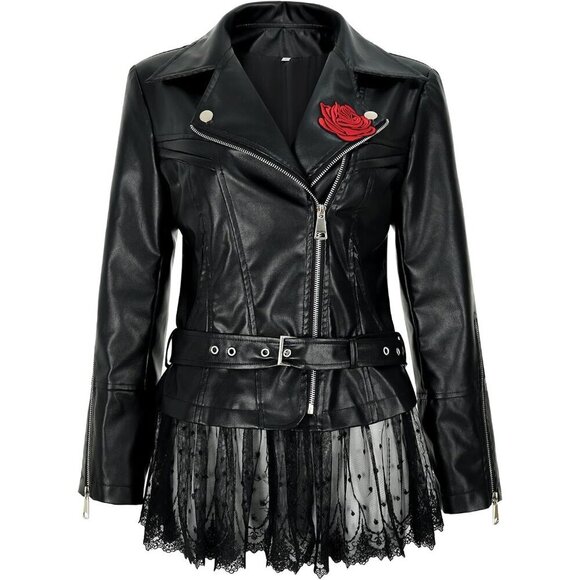 Jackets & Blazers - Womens Faux Leather Lace Moto Jacket Vintage Peplum Rose Riding Style Coat